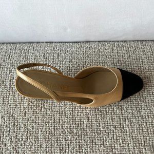 Chanel Slingback Heels in Beige & Black - Sz 37.5 - NIB